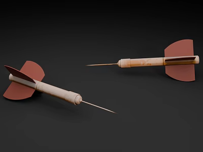 Two Darts With Red Flights Wooden Shafts And Metal Tips On Dark Background 3d model