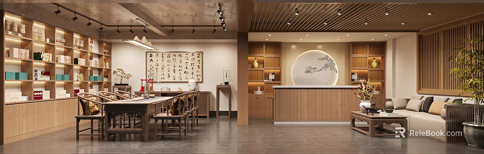Traditional Chinese Hotel Lobby With Calligraphy Artwork Circular Landscape Painting Wooden Reception Counter And Cabinets 3d model 