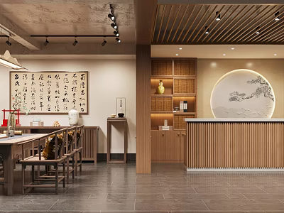 Traditional Chinese Hotel Lobby With Calligraphy Artwork Circular Landscape Painting Wooden Reception Counter And Cabinets 3d model