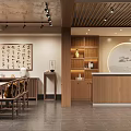 Traditional Chinese Hotel Lobby With Calligraphy Artwork Circular Landscape Painting Wooden Reception Counter And Cabinets