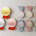 Gold Silver Bronze Trophies and Medals with Number 1 2 3 and Colored Ribbons