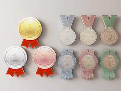 Gold Silver Bronze Trophies and Medals with Number 1 2 3 and Colored Ribbons 3d model