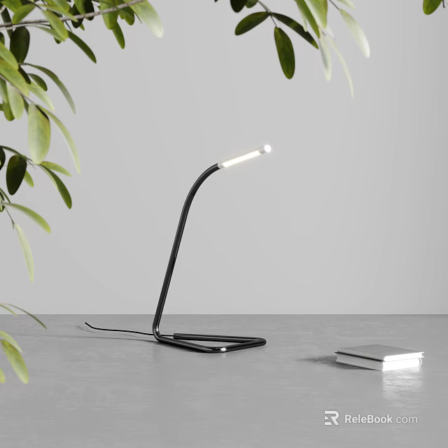 Modern Black Curved Desk Lamp With White Light And Green Plant Leaves On Gray Table 3d model 