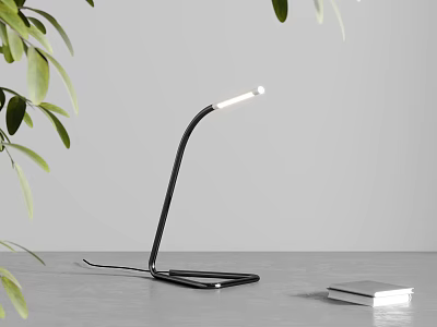 Modern Black Curved Desk Lamp With White Light And Green Plant Leaves On Gray Table 3d model
