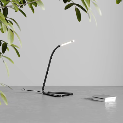 Modern Black Curved Desk Lamp With White Light And Green Plant Leaves On Gray Table 3d model