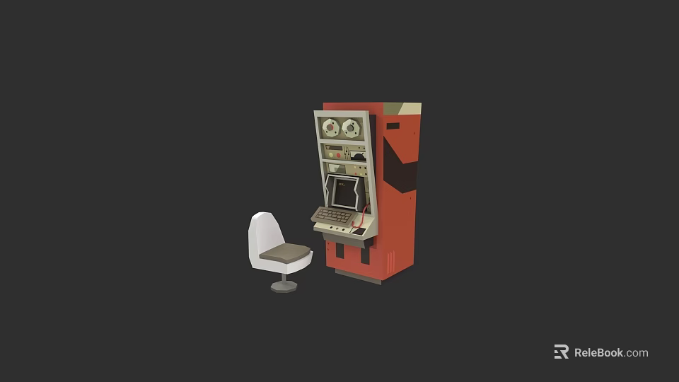Retro Computer Arcade Gaming Machine With Vintage Design And White Chair 3d model 