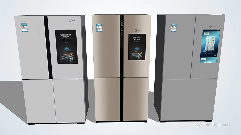 Multiple Modern Refrigerators With Different Color Finishes And Sleek Digital Display Panels 3d model 