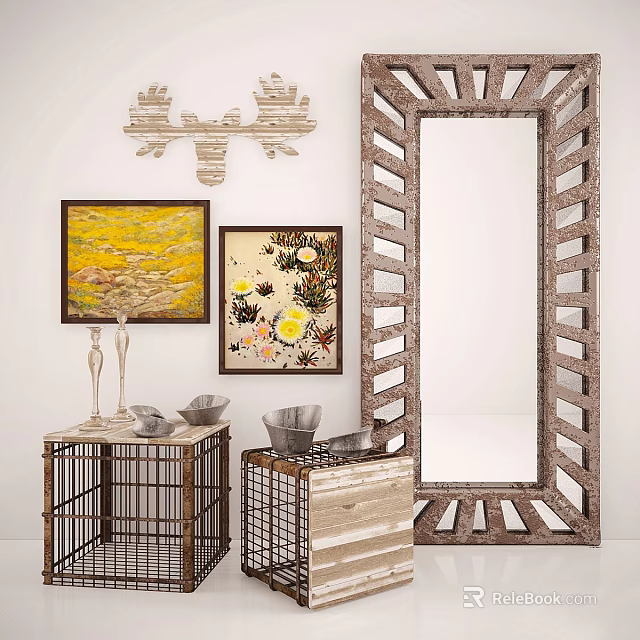 Rustic Style Decorative Ornaments Set With Deer Head Wall Decor Paintings Mirror And Metal Cages 3d model 