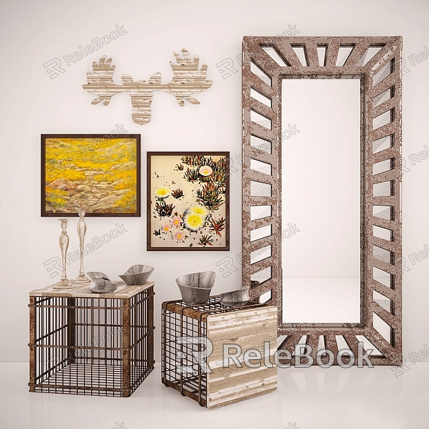 Modern Stool Picture Frame Combination Modern Stool Sitting Stool Metal Vintage Picture Frame Decorative Painting Decorations Metal Frame model