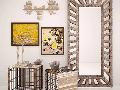Rustic Style Decorative Ornaments Set With Deer Head Wall Decor Paintings Mirror And Metal Cages 3d model