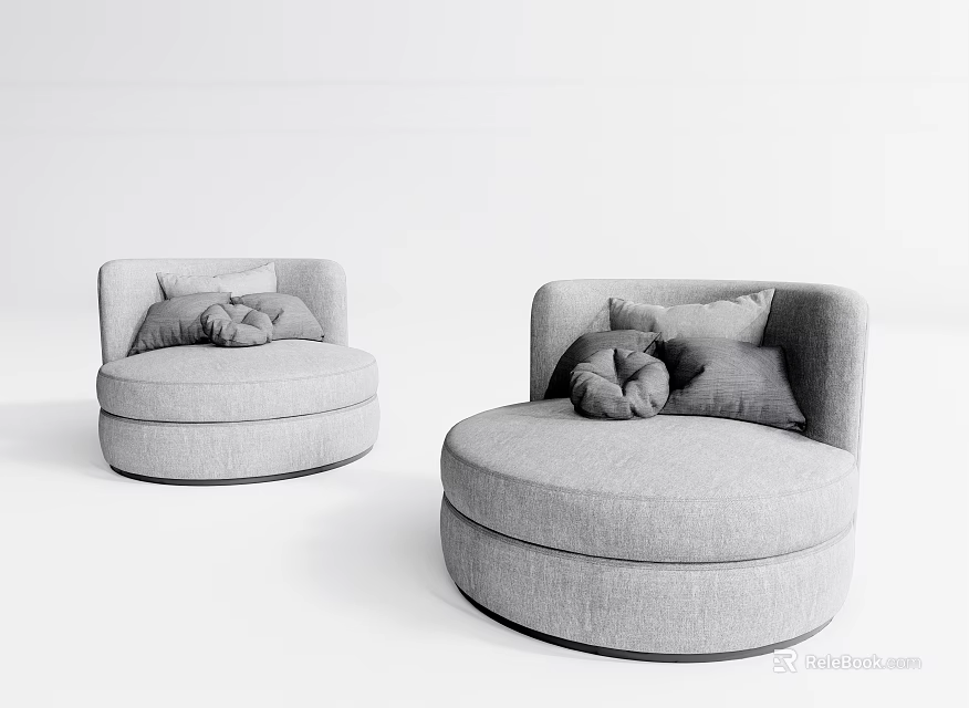 Gray Round Single Sofa with Soft Pillows in Modern Minimalist Design 3d model