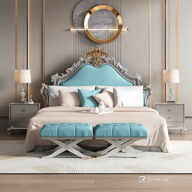 Luxurious Background Double Bed With Ornate Blue Headboard Light Bedding And Gold Trimmed Walls 3d model 