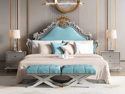 Luxurious Background Double Bed With Ornate Blue Headboard Light Bedding And Gold Trimmed Walls 3d model