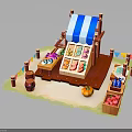 Colorful Fruit Vegetable Market Stall With Blue White Striped Awning Wooden Crate Pumpkin And Fences