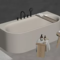 Modern Freestanding White Bathtub with Wooden Stools Towels and Bath Products in Minimalist Bathroom Setting