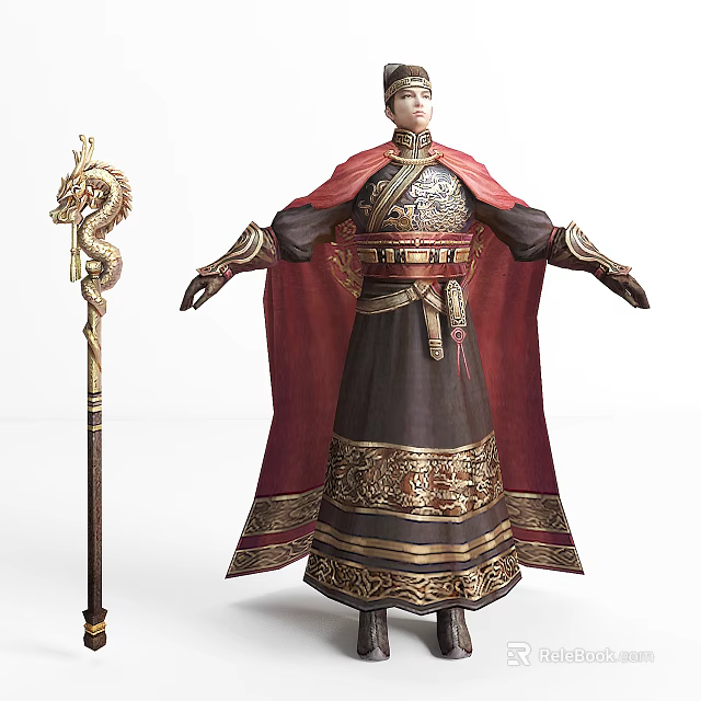 Ancient Royal Warrior In Ornate Golden Decorated Robe With Red Cape And Dragon Staff 3d model 