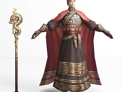 Ancient Royal Warrior In Ornate Golden Decorated Robe With Red Cape And Dragon Staff 3d model