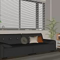 Black Leather Loveseat With Beige White Orange Decorative Pillows Green Plant Wooden Shelf Window Blinds