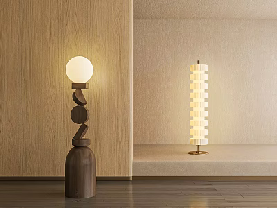 Modern Minimalist Floor Lamps With Wooden Base And Layered Structure In Warm Indoor Space 3d model