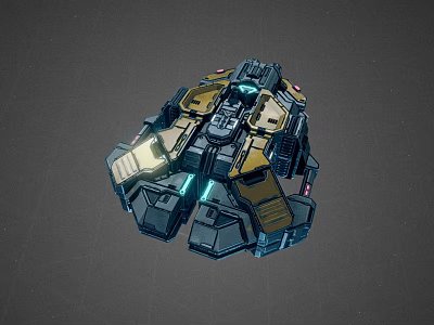 Futuristic Cosmic Aerospace Spacecraft Module With Metallic Structure Blue And Gold Lights Mechanical Design 3d model