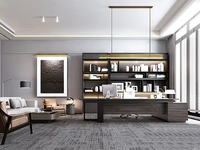 Modern Office Interior Design With Spacious Layout Office Desk Bookshelf Armchair And Comfortable Sofa 3d model