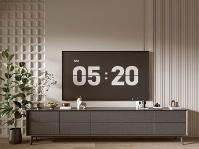 Modern Living Room TV Stand with Digital TV Green Plant Decorative Items and Textured Walls 3d model
