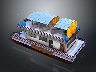 Floating Water Vessel With Blue Yellow Canopies Railing Platform And Windows 3d model