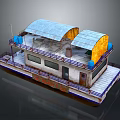 Floating Water Vessel With Blue Yellow Canopies Railing Platform And Windows