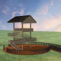 Multi Level Outdoor Pergola With Spiral Staircase And Lawn Fence In Sunset Sky