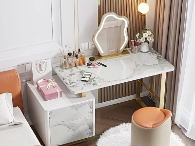 Elegant Dressing Table with Marble Top Gold Legs Decorative Mirror Cosmetics and Orange Stool 3d model