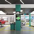 Modern Automotive Specialty Repair Store With White Car Repair Equipment Green Pillars And Yellow Lines