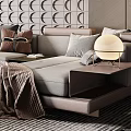 Modern Living Room With Large Windows Mountain View Gray Sofa Circular Pattern Wall Green Plant