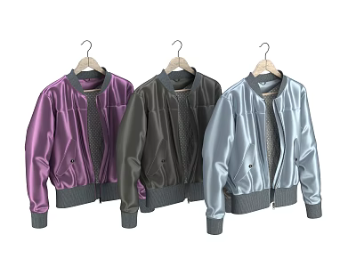 Purple Dark Green Light Blue Shiny Bomber Jackets Hanging on Hangers with Cuffs and Collar 3d model
