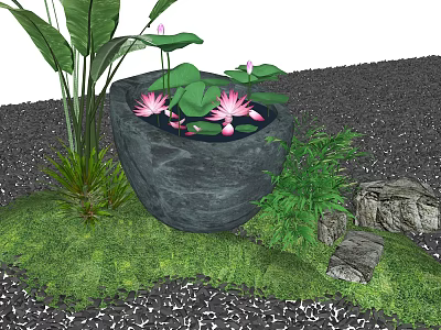 Garden Ornament With Stone Basin Pink Lotus Flowers Lotus Leaves Green Plants Stones And Grass 3d model