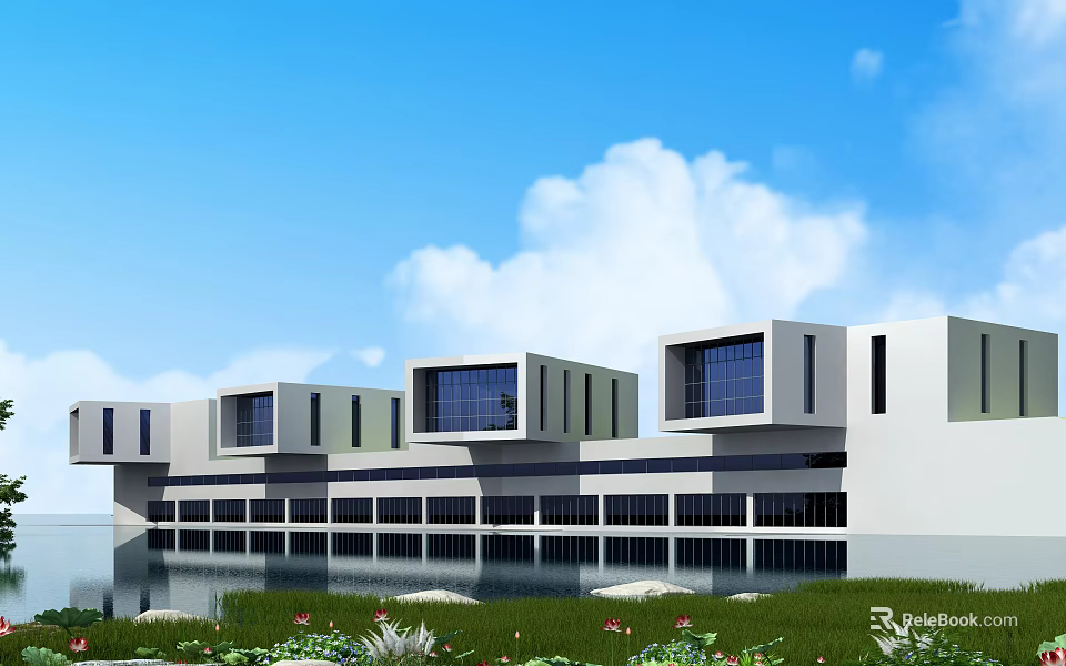 Modern Commercial Street Architectural Design With Contemporary Buildings Waterfront And Greenery 3d model 