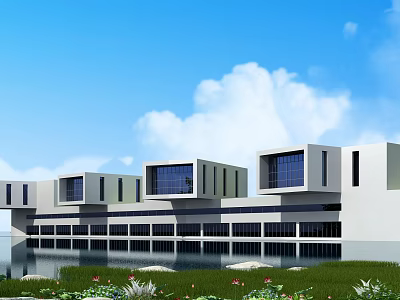 Modern Commercial Street Architectural Design With Contemporary Buildings Waterfront And Greenery 3d model