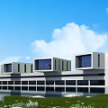 Modern Commercial Street Architectural Design With Contemporary Buildings Waterfront And Greenery