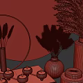 Decorative Ornament Set with Circular Mirror Golden Accents Pampas Grass Vases and Small Decorative Cups