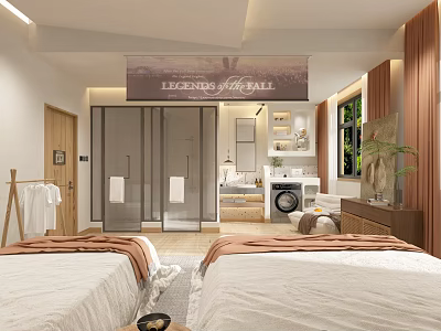 Modern Hotel Guest Room Interior Design With Twin Beds Curtains And Window Decor 3d model
