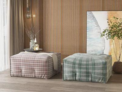 Plaid Ottomans With Green Brown Patterns In Indoor Setting With Wooden Wall Plant And Painting 3d model