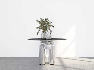 Modern Black Round Dining Table With Silver Unique Legs And Green Plant Vase Decorations 3d model