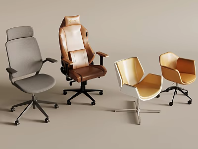 Modern Office Chairs With Various Stylish Designs Different Colors Materials And Base Types 3d model