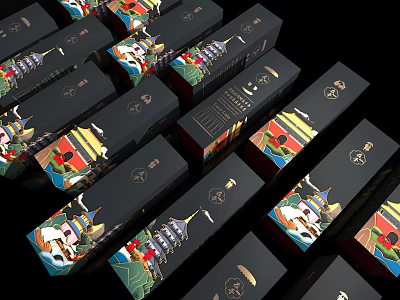 Traditional Themed Packaging Boxes With Colorful Pagoda And Animal Patterns On Black Base 3d model