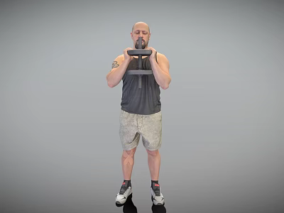 Bald Man in Gray Tank Top and Camouflage Shorts Holding Kettlebell Exercising with Sneakers 3d model