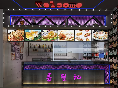 Hotel Lobby Featuring Welcome Sign Food Display Screens And Purple Lighting Counter 3d model