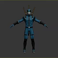 3D Character Model In Blue Uniform With Black Yellow Antennae And Arms Outstretched