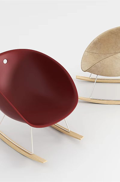 Stylish Modern Leisure Rocking Chairs in Red and Beige with Curved Seats and Wooden Rockers 3d model