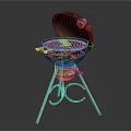 Outdoor BBQ Grill With Open Lid And Grilling Meat On Metal Stand