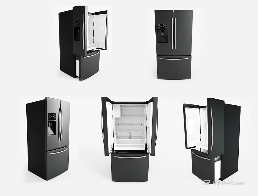 Black Modern Refrigerators With Various Door Openings And Interior Storage 3d model 