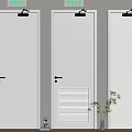 Three White Safety Exit Doors With Green Signs Red Cabinet And Potted Plant